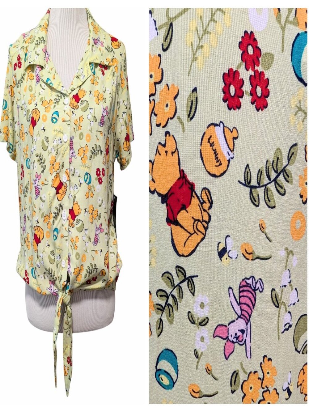 Disney Hot Topic Womens NWT Size XL Green Pooh Bear Cottage Floral Tie Waist Top
